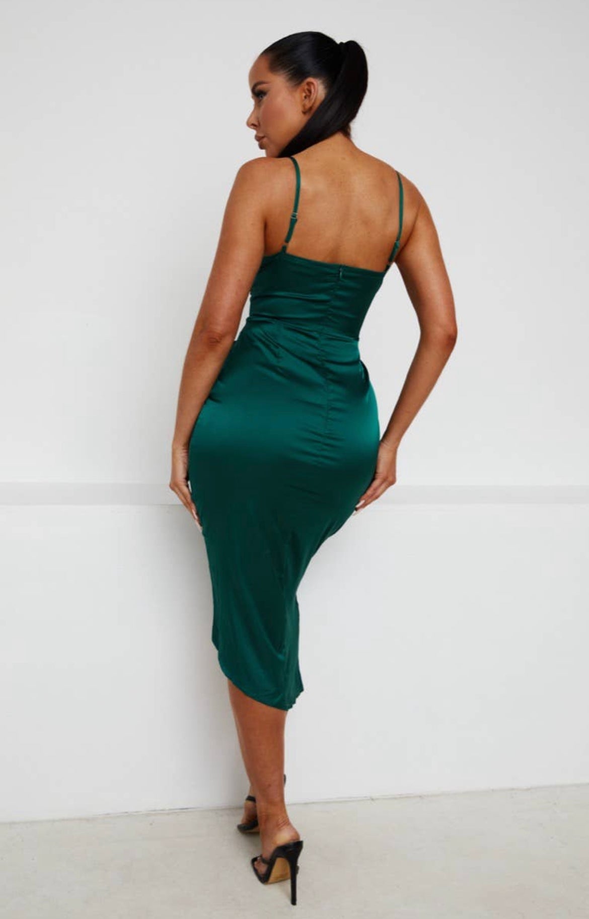 Elegant Emerald Bodycon Midi Dress with Ruched Detailing and Split Design | Sizes 6-12 Available