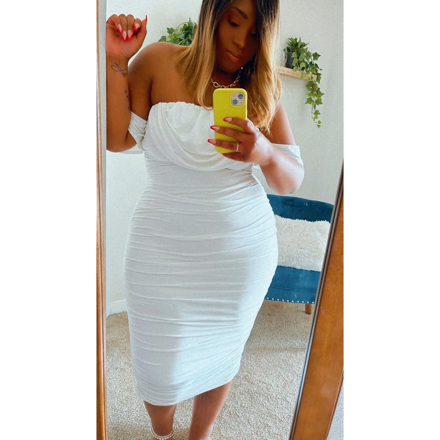 White Bardot Cowl Neck Ruched Midi Dress | Classy and Elegant for Your Next Night Out