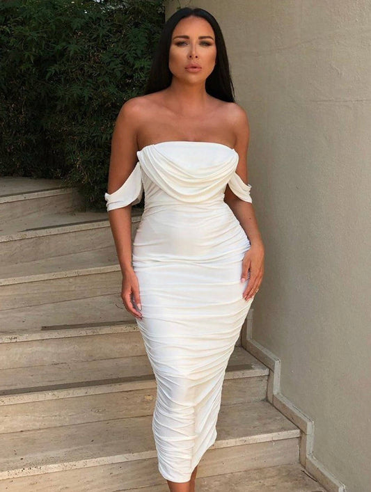 White Bardot Cowl Neck Ruched Midi Dress | Classy and Elegant for Your Next Night Out