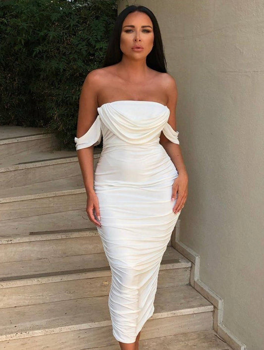 White Bardot Cowl Neck Ruched Midi Dress | Classy and Elegant for Your Next Night Out